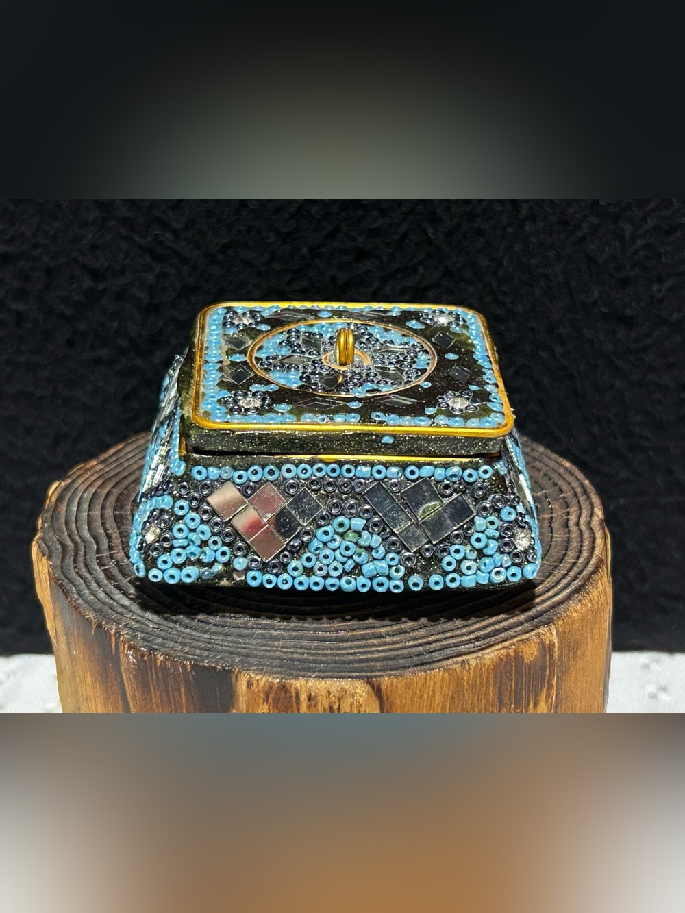 Vintage Bead Design Trinket Ring Jewelry Box Turquoise Made In India